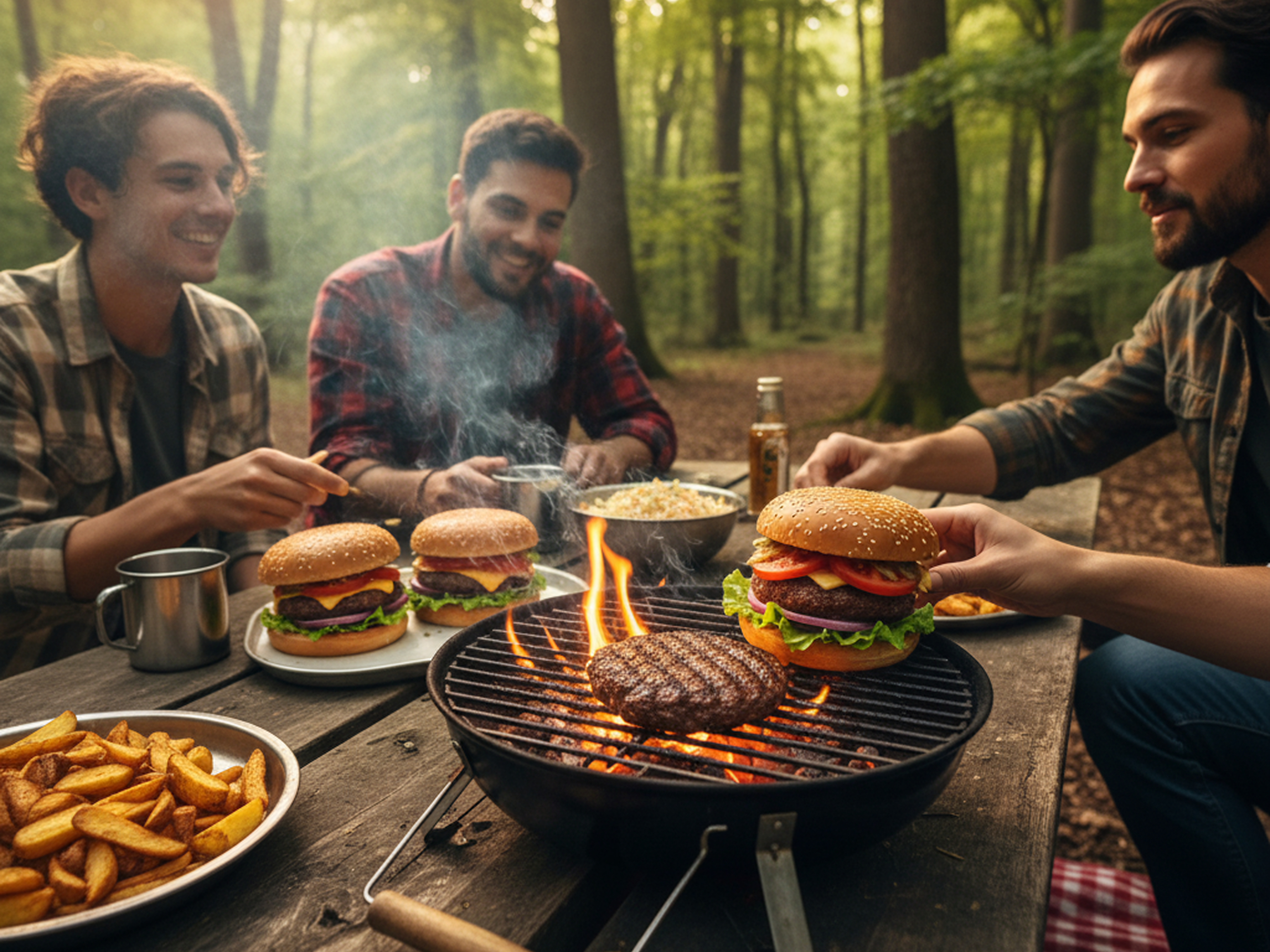 Burger being prepared on a grill.