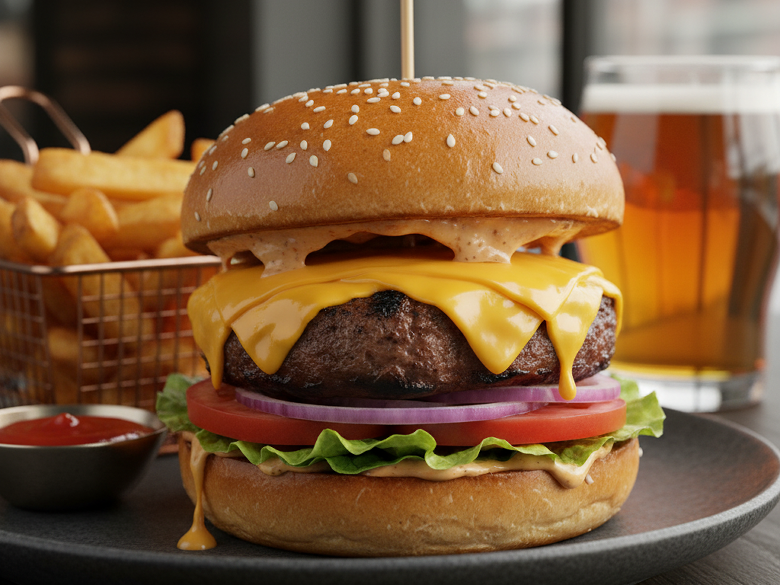 A serving of the Belizean burger with fries.