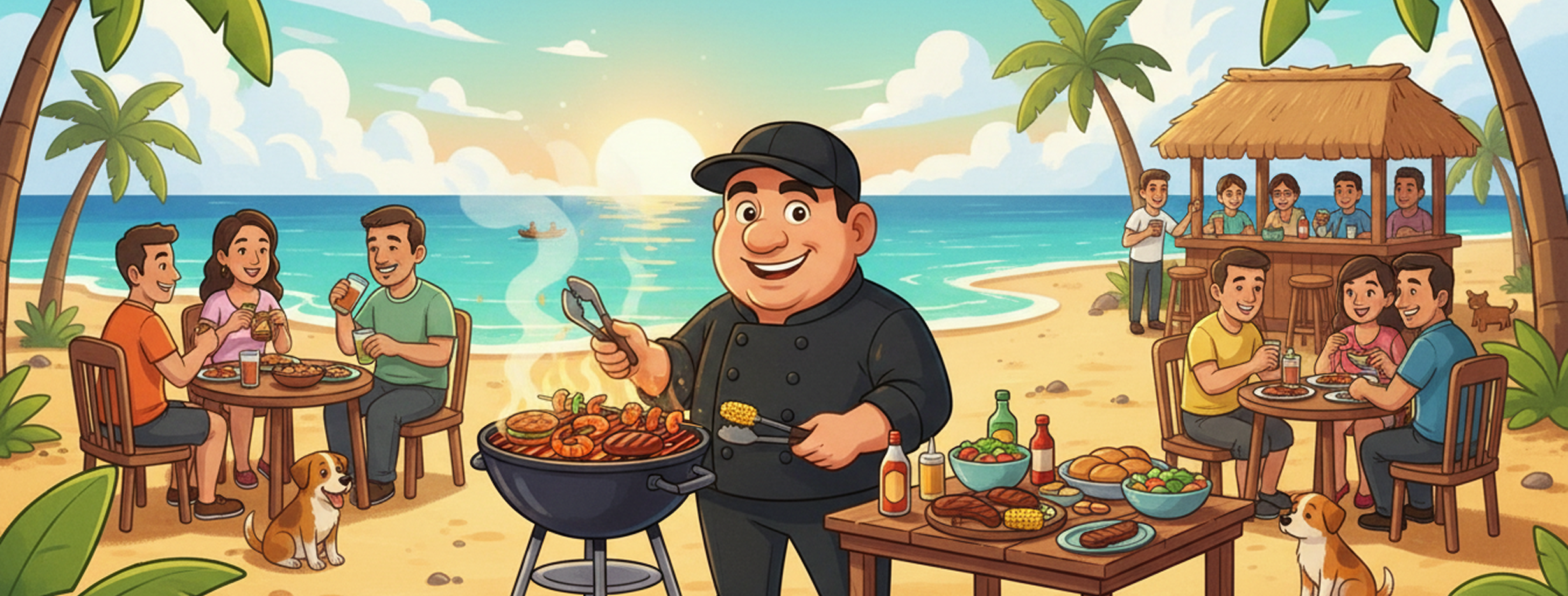 Chef Joe cooking on a beach barbecue