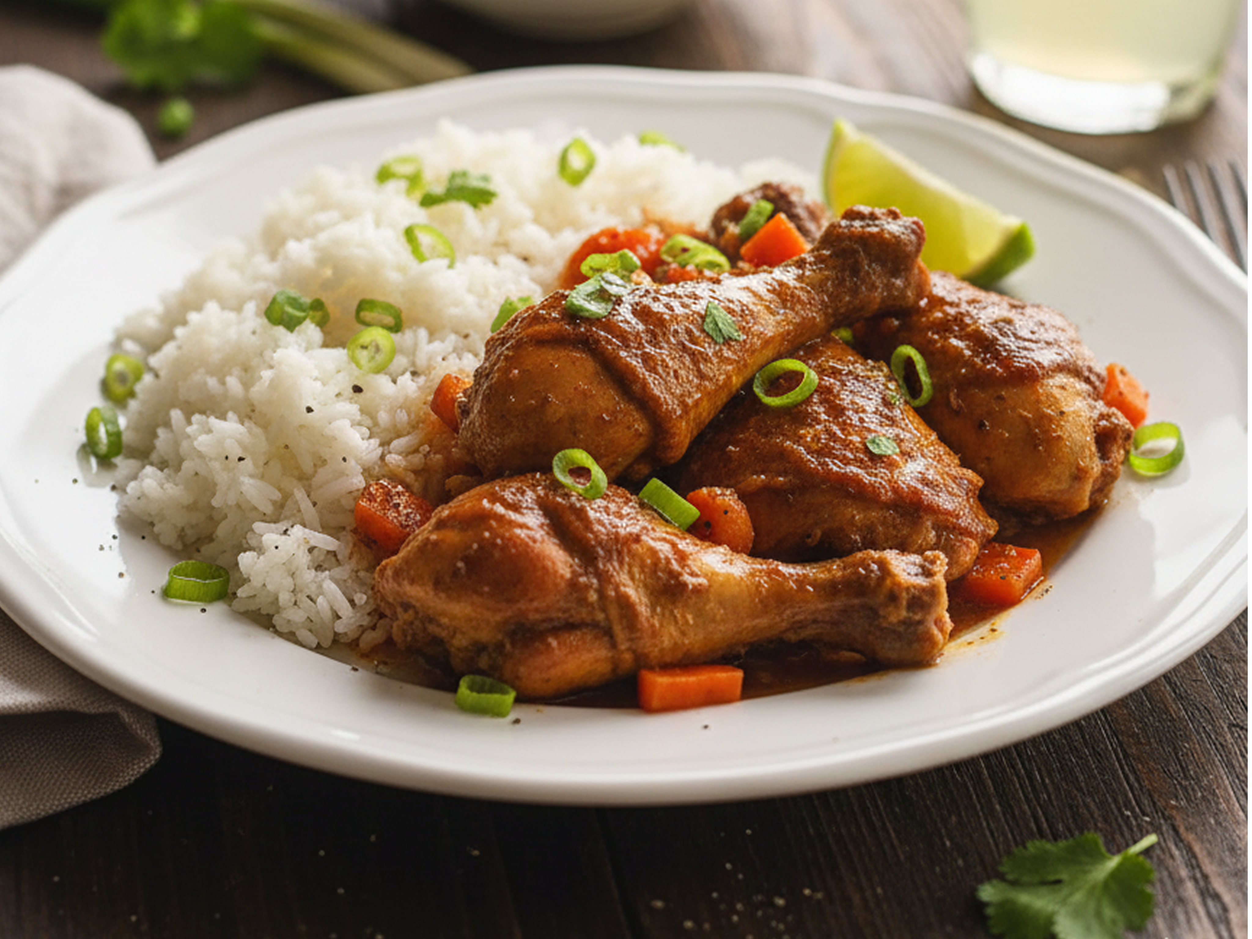 A close-up of the rich stew chicken.