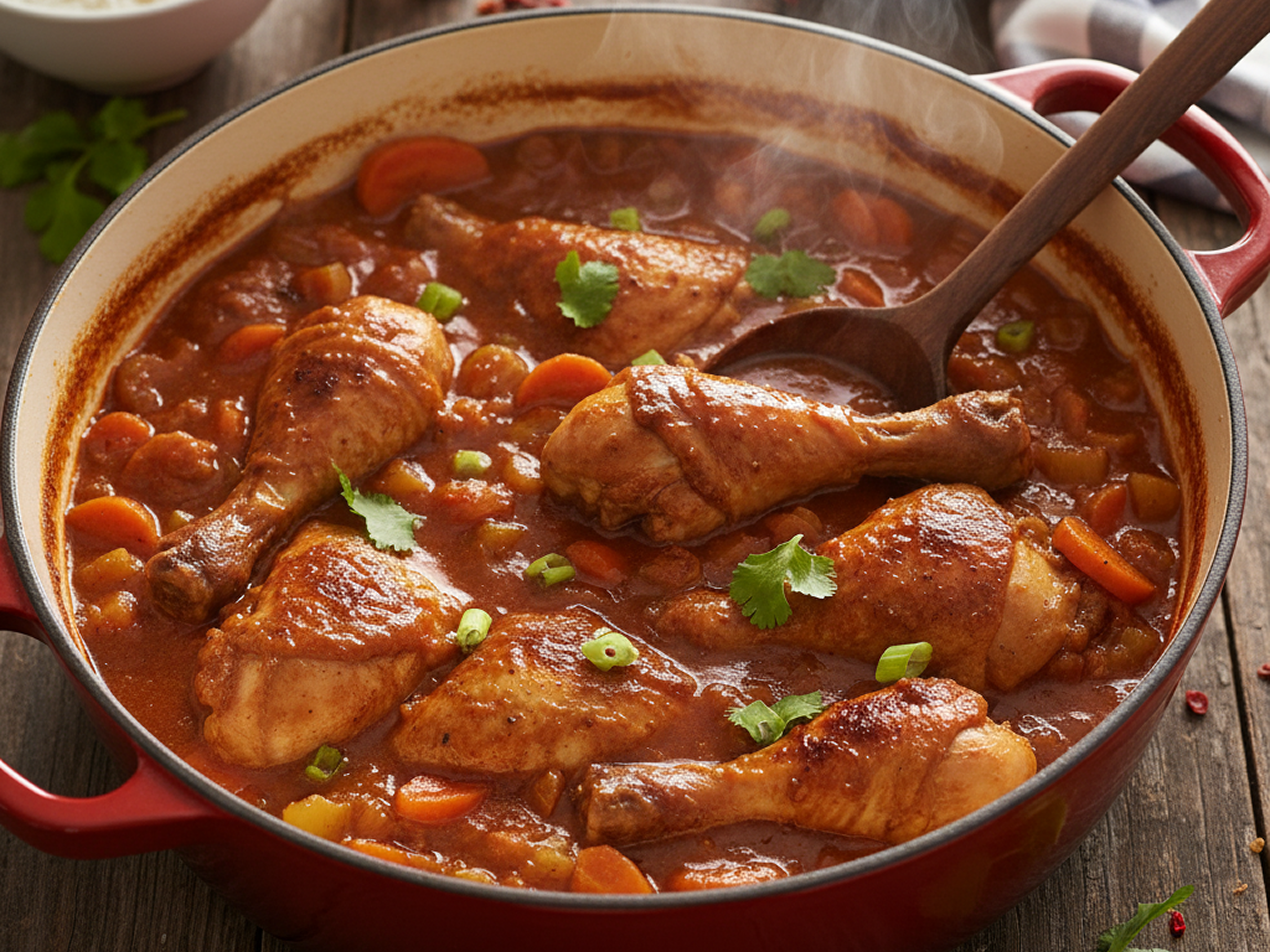 A serving of stew chicken with rice and beans.
